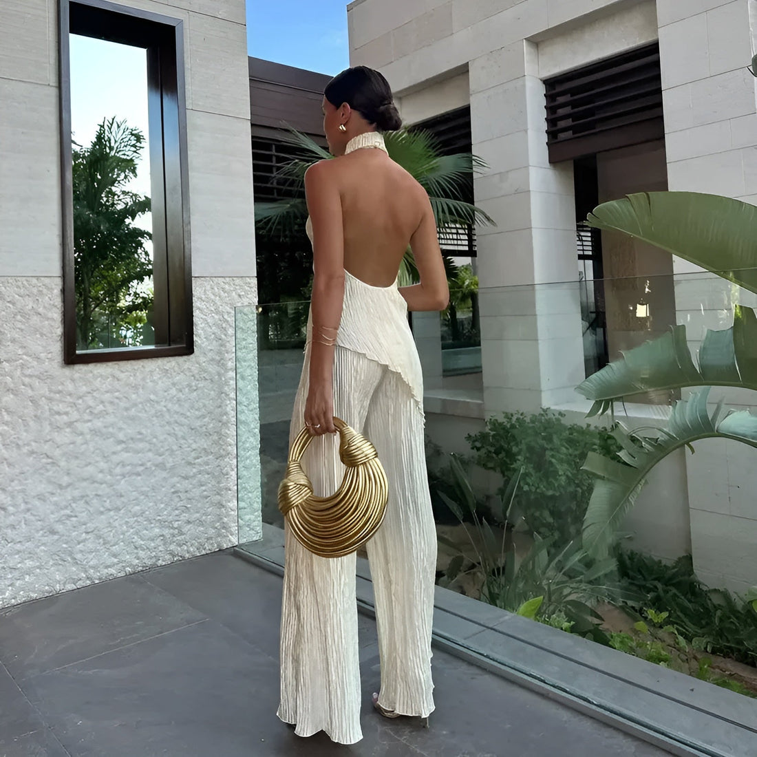Hazel – Asymmetrisches Halter-Crop-Top mit weitem Hosen-Set