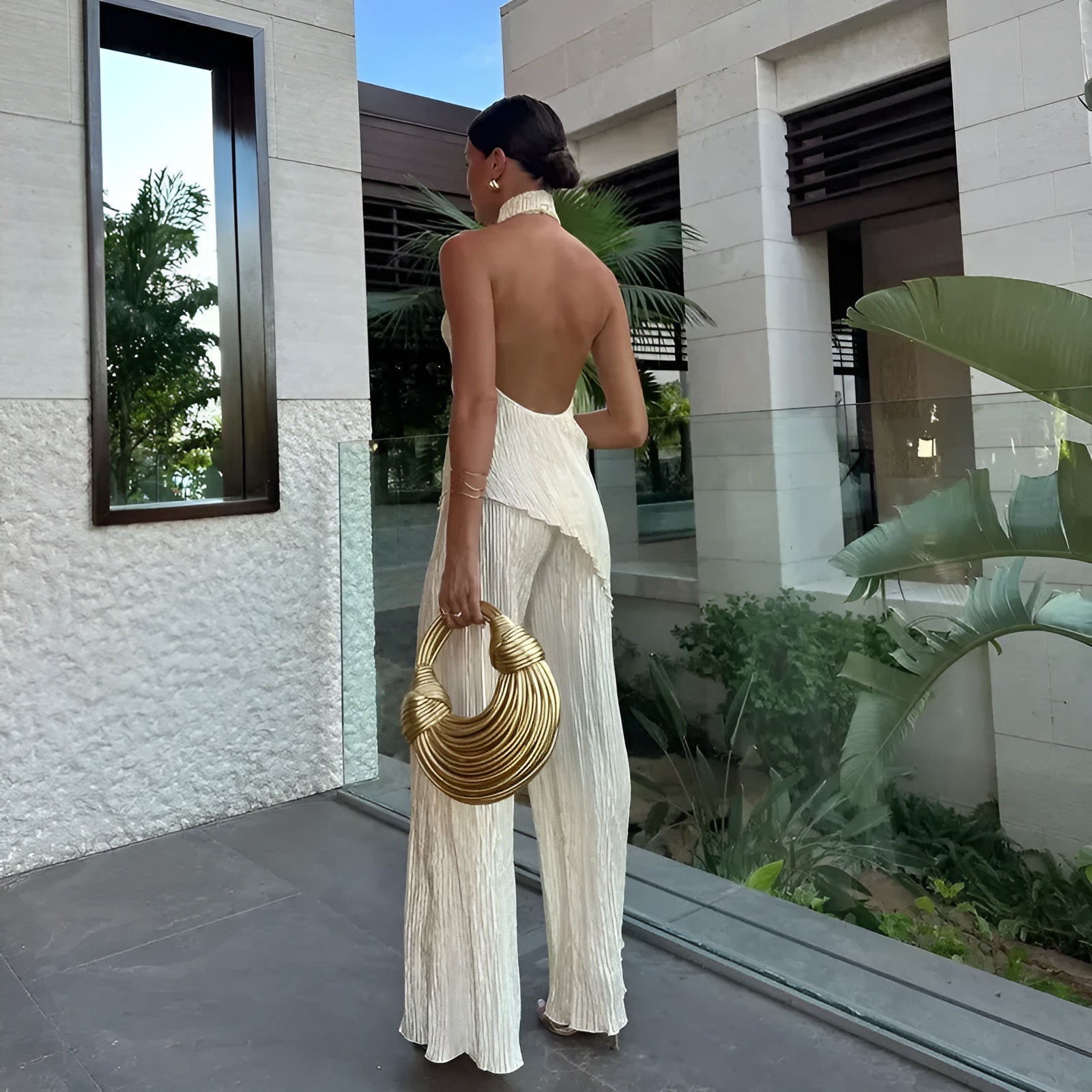 Hazel – Asymmetrisches Halter-Crop-Top mit weitem Hosen-Set