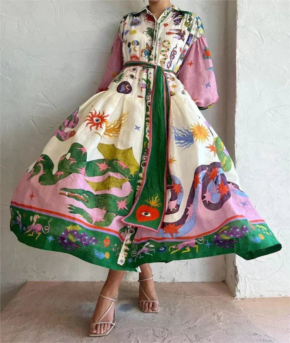 Claudia | Bedrucktes Maxi-Hemdblusenkleid