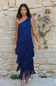 Veronica – Elegantes Kleid mit Fransen und schulterfreiem Design