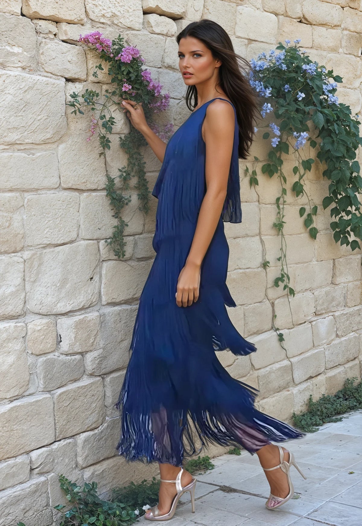 Veronica – Elegantes Kleid mit Fransen und schulterfreiem Design