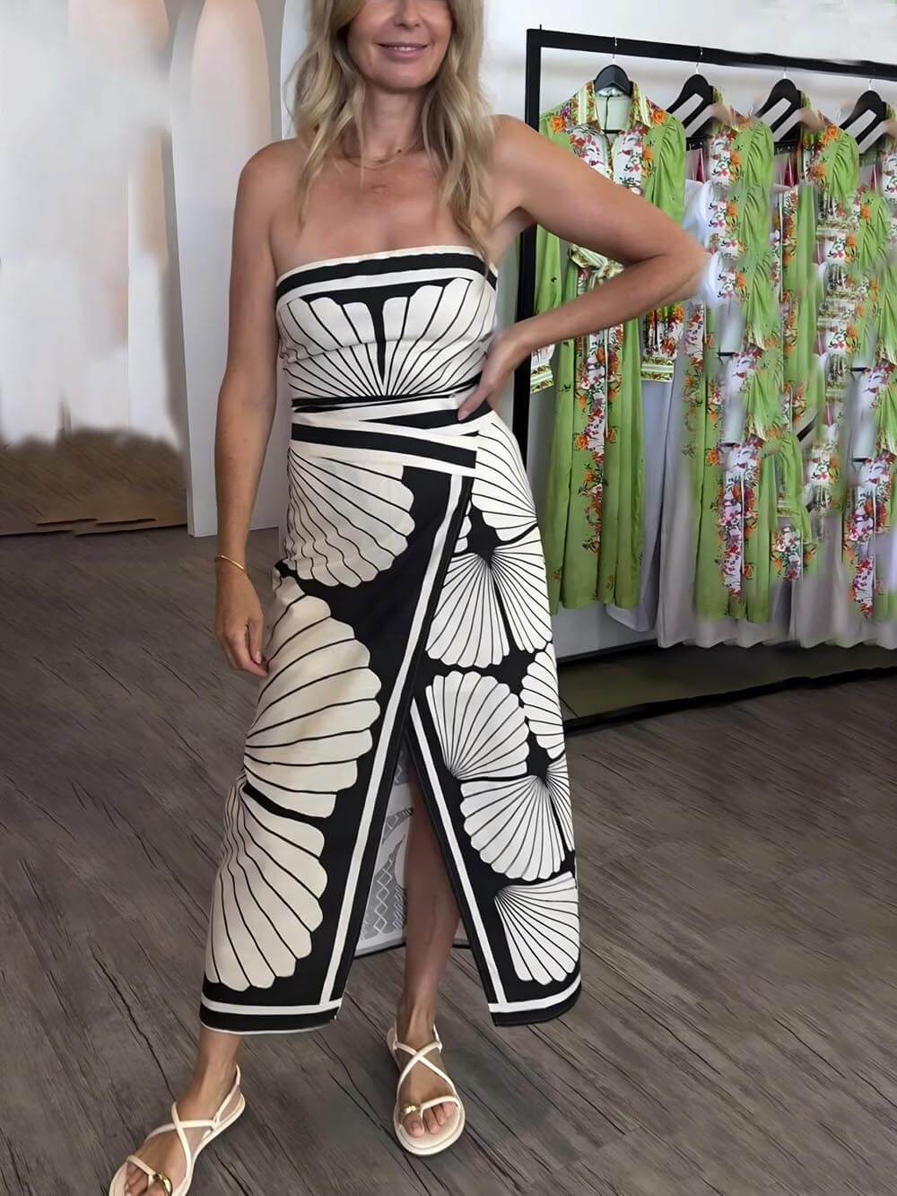 Einzigartiges, schönes Midi-Kleid mit Blumenmuster und Off-Shoulder-Ausschnitt