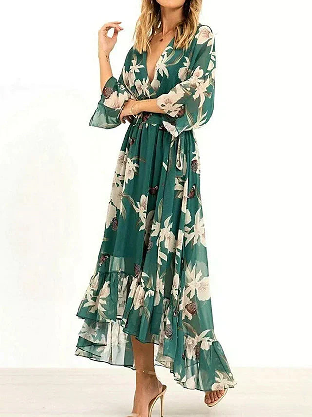 Marta – Grünes Kleid mit 3/4-Ärmeln und V-Ausschnitt mit Muster