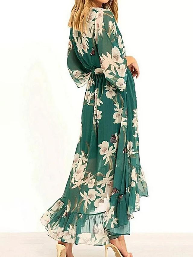 Marta – Grünes Kleid mit 3/4-Ärmeln und V-Ausschnitt mit Muster