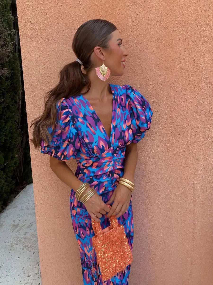 Rosalind Colorful Pleated-Sleeve Midi Dress for Everyday