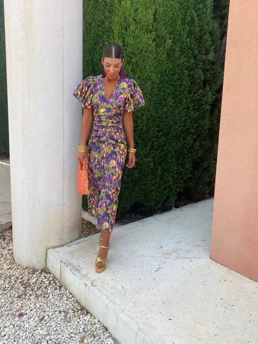 Rosalind Colorful Pleated-Sleeve Midi Dress for Everyday