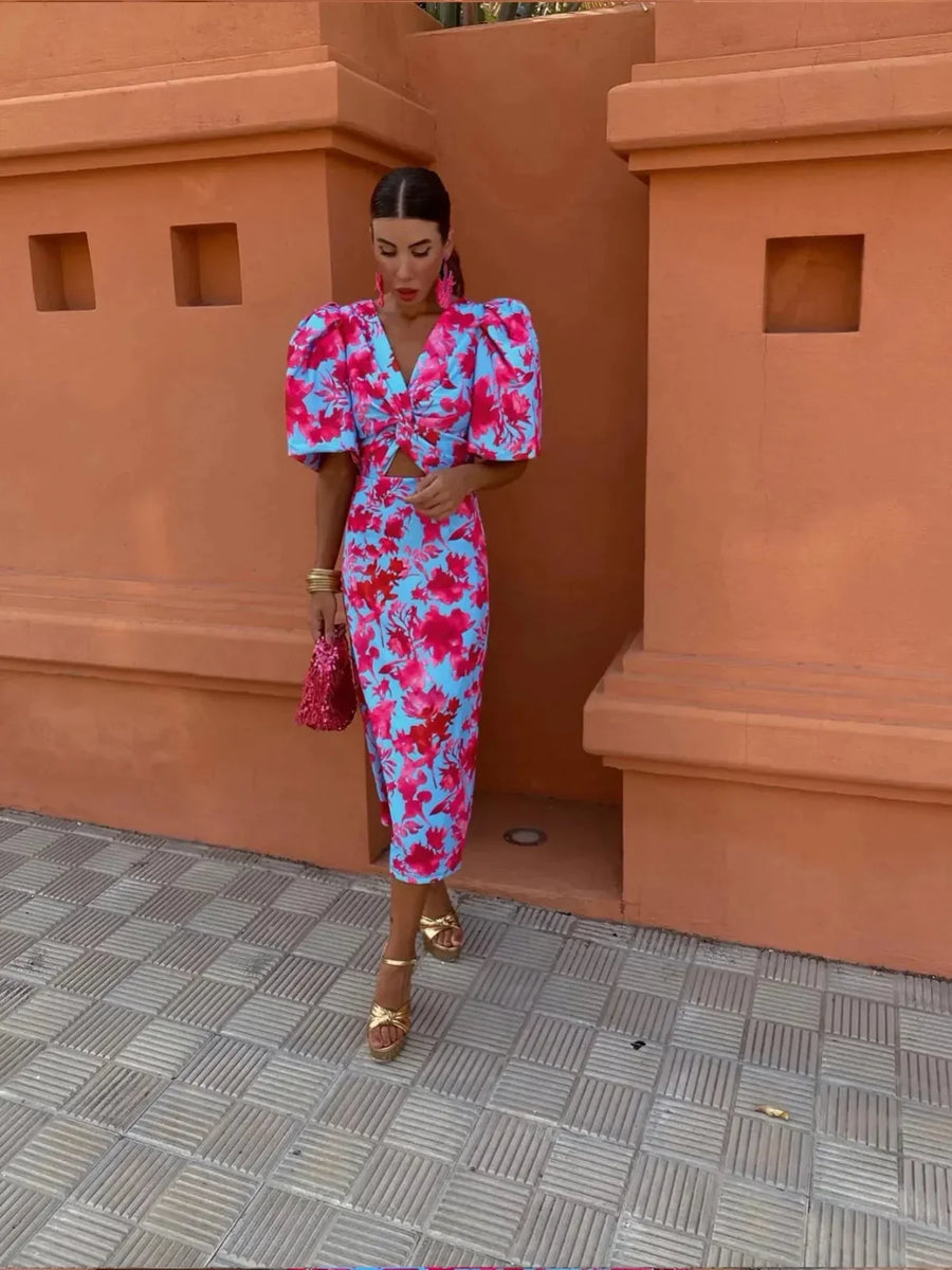 Rosalind Colorful Pleated-Sleeve Midi Dress for Everyday