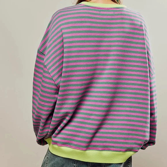 Helen Gestreifter Oversize Pullover mit Küstenflair -  Grün / Rosa