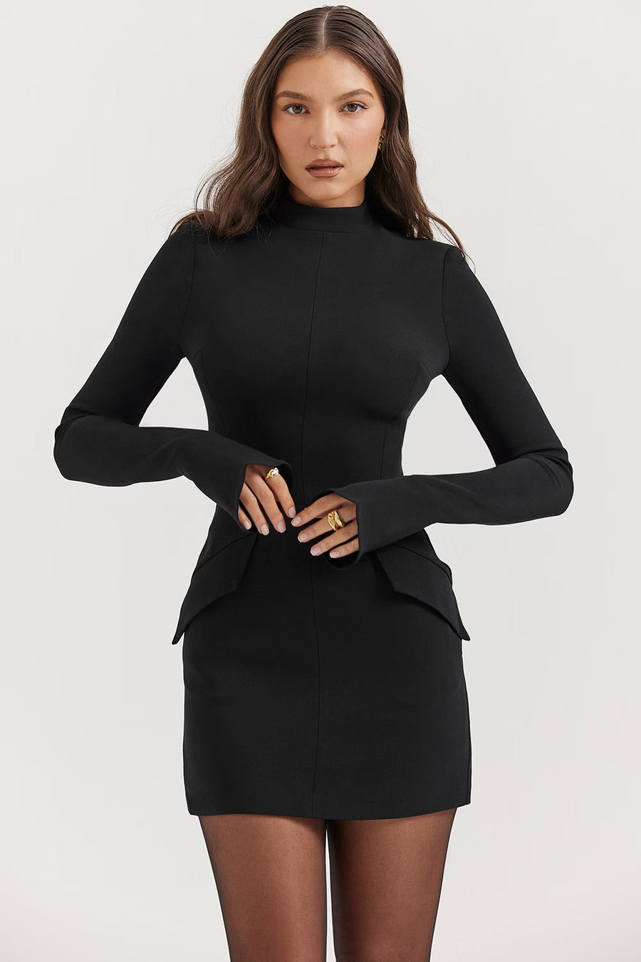 Isolde Elegant High-Neck Long-Sleeve Fitted Mini Dress
