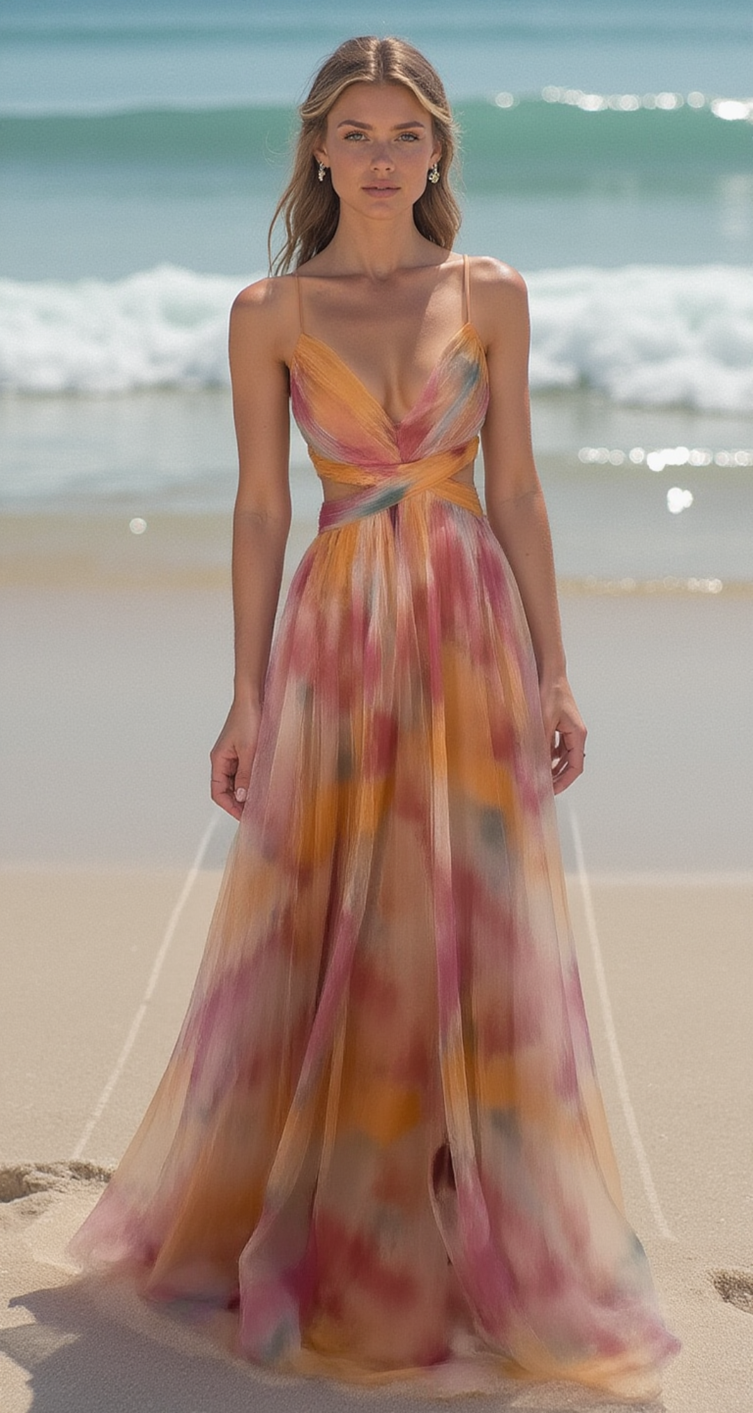 Elegantes langes Kleid mit Muster und verstellbaren Details für einen raffinierten Look