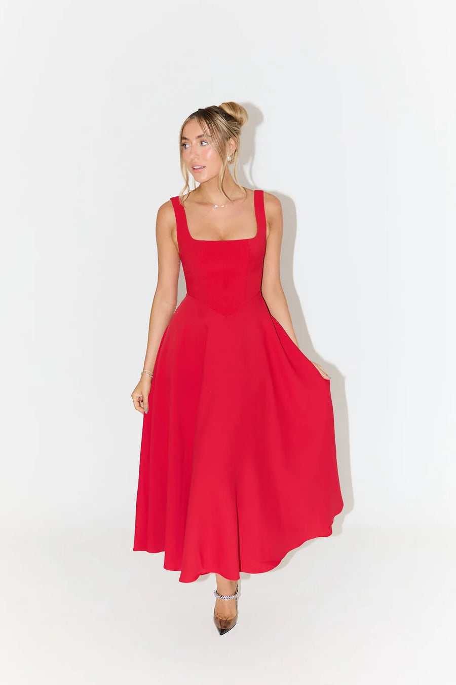 Yara-Belle High-Waist Square-Neck Midi Dress