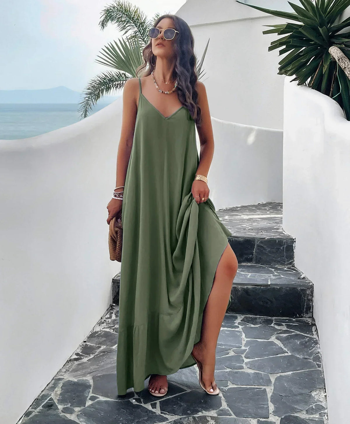Rosenda – Maxikleid mit Taschen und Olivendesign