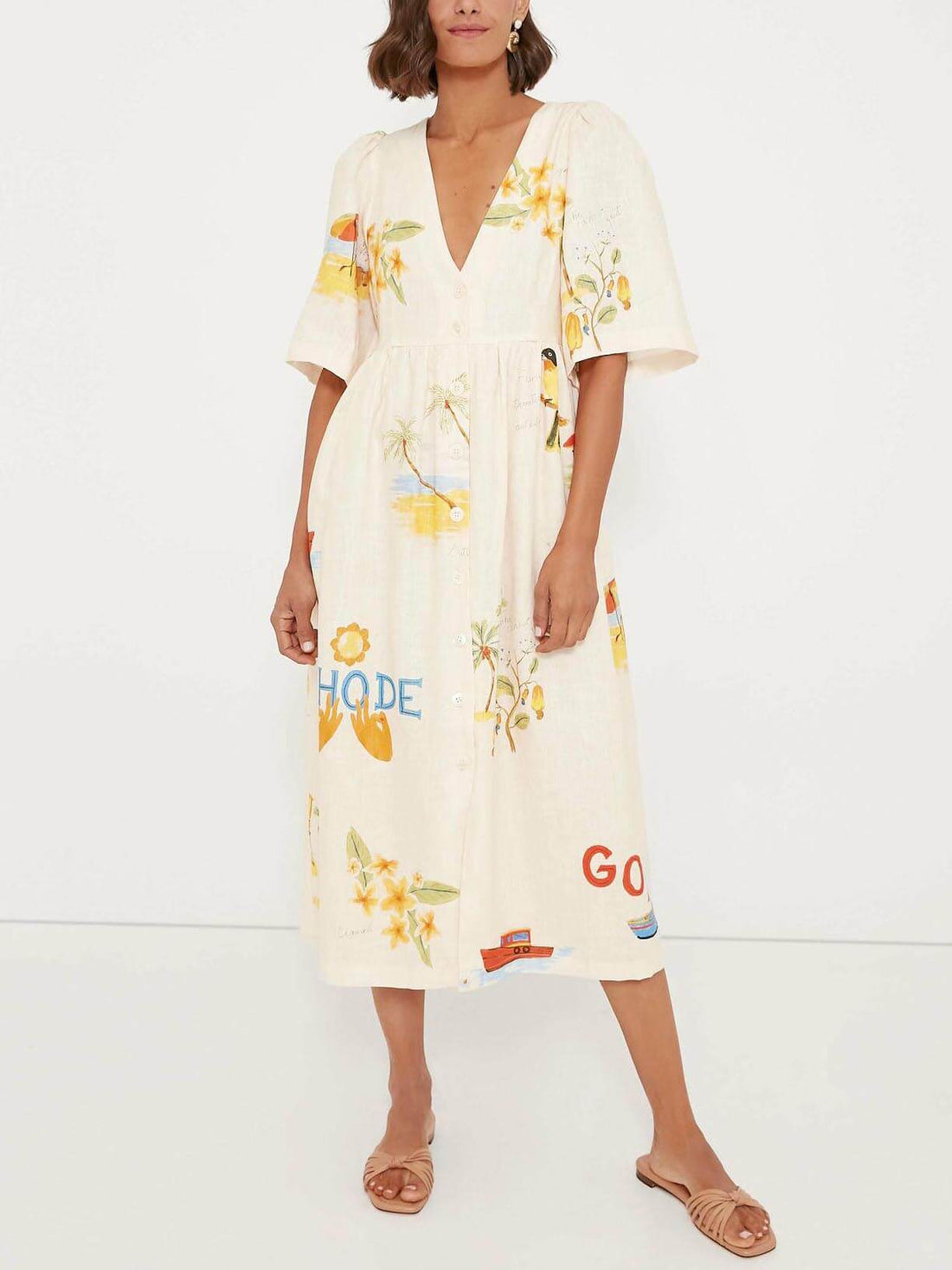 Midi-Kleid mit einzigartigem Folklore-Blumenmuster und Puffärmeln im Urlaubsstil