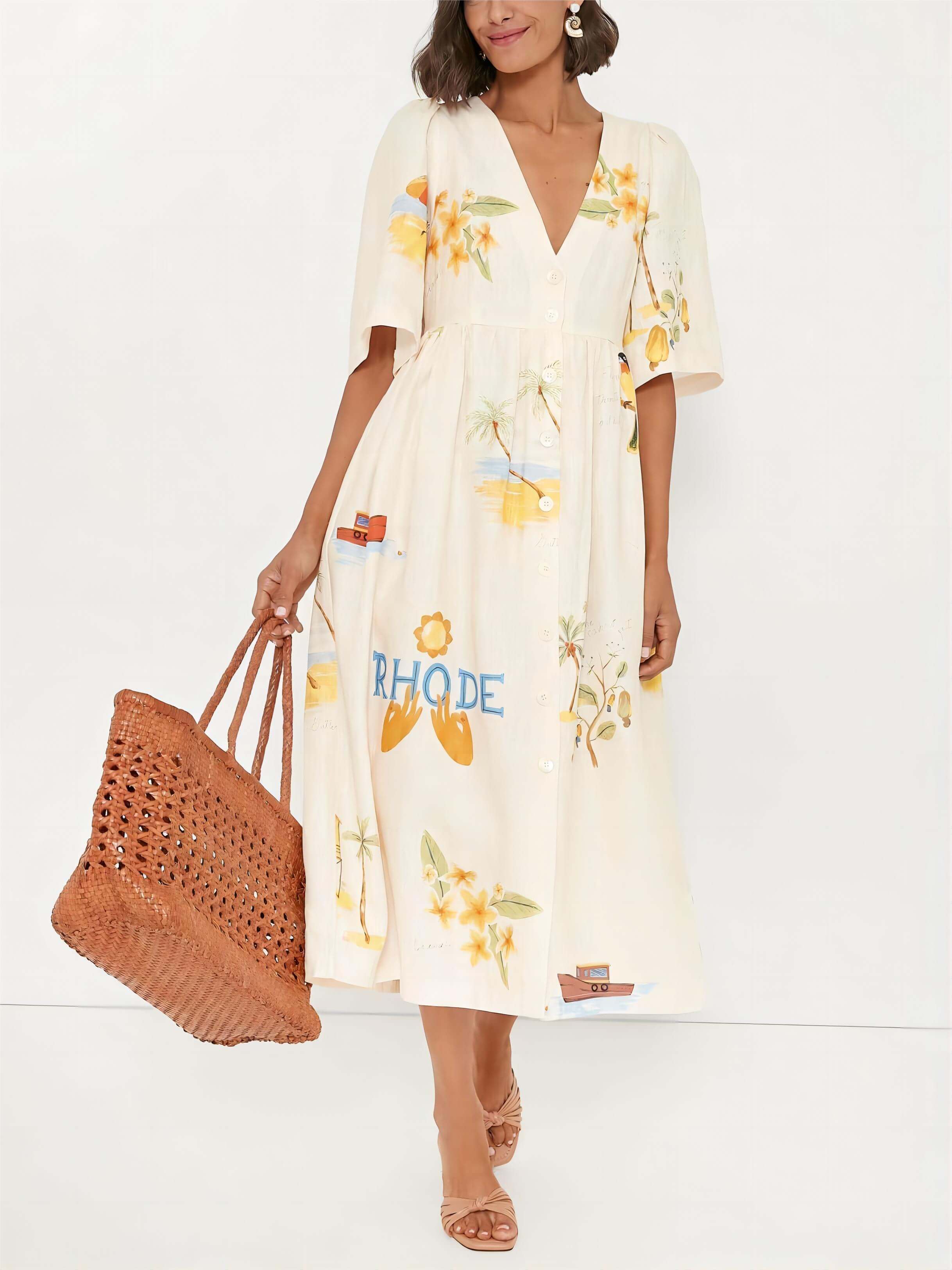 Midi-Kleid mit einzigartigem Folklore-Blumenmuster und Puffärmeln im Urlaubsstil