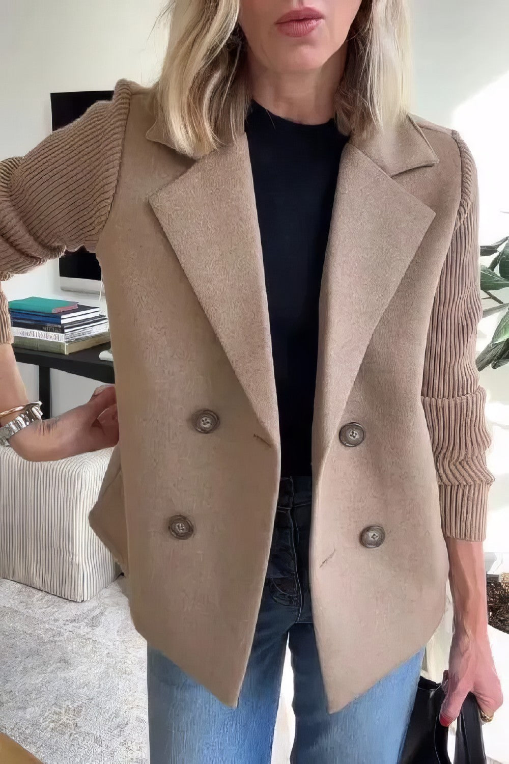 CLAIRE | Langer Cardigan mit Patchwork-Ärmeln, Trendy und Chic