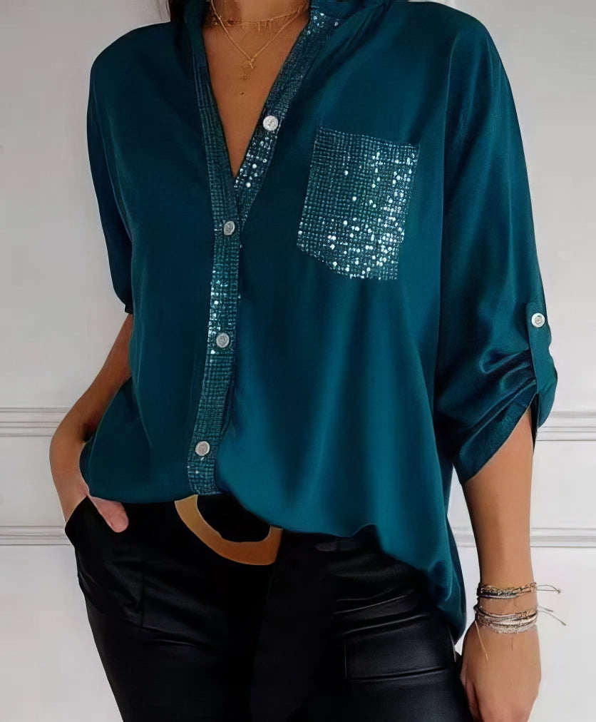LUCIE | Patchwork-Top mit Pailletten, Glänzend und Elegant