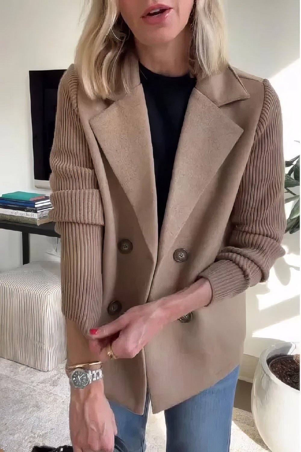 CLAIRE | Langer Cardigan mit Patchwork-Ärmeln, Trendy und Chic