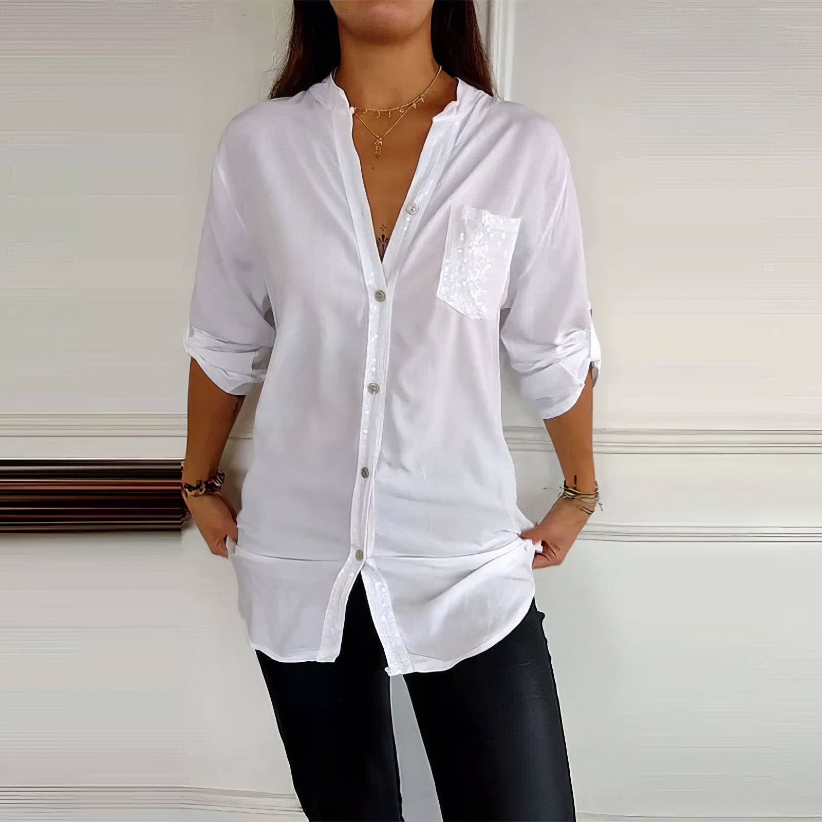 LUCIE | Patchwork-Top mit Pailletten, Glänzend und Elegant