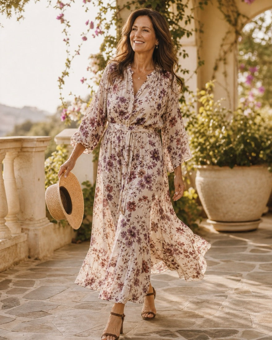 A summer editorial for CAAY Atelier — floral maxi dress in golden light