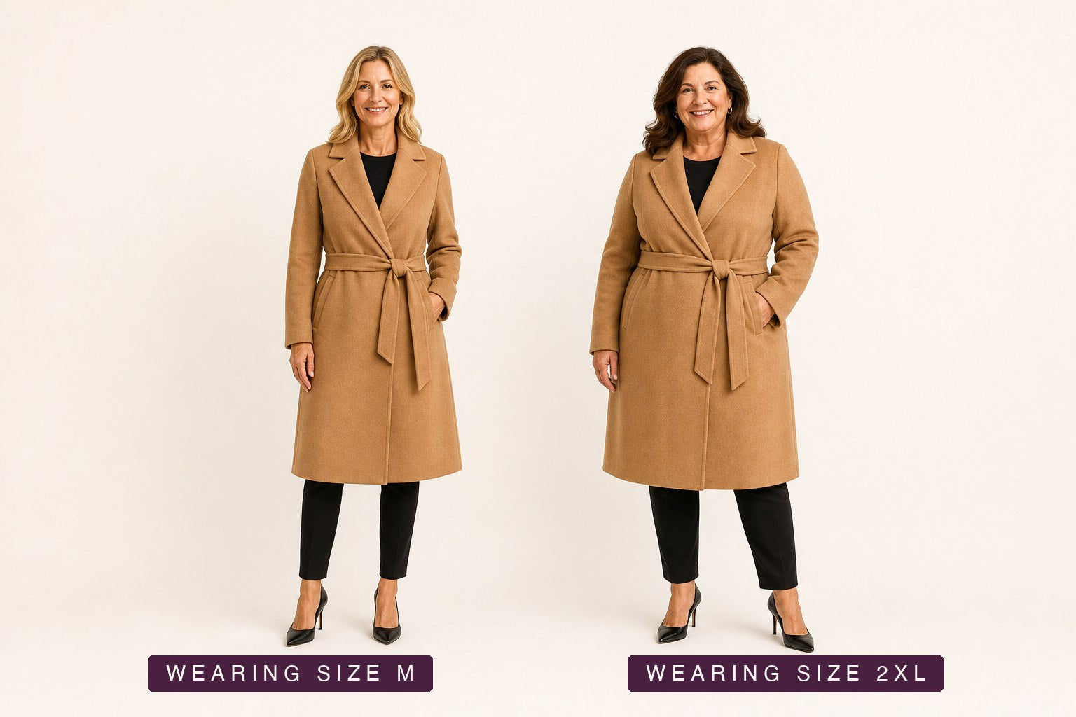 The same piece worn by a size M model (left) and a size 2XL model (right)