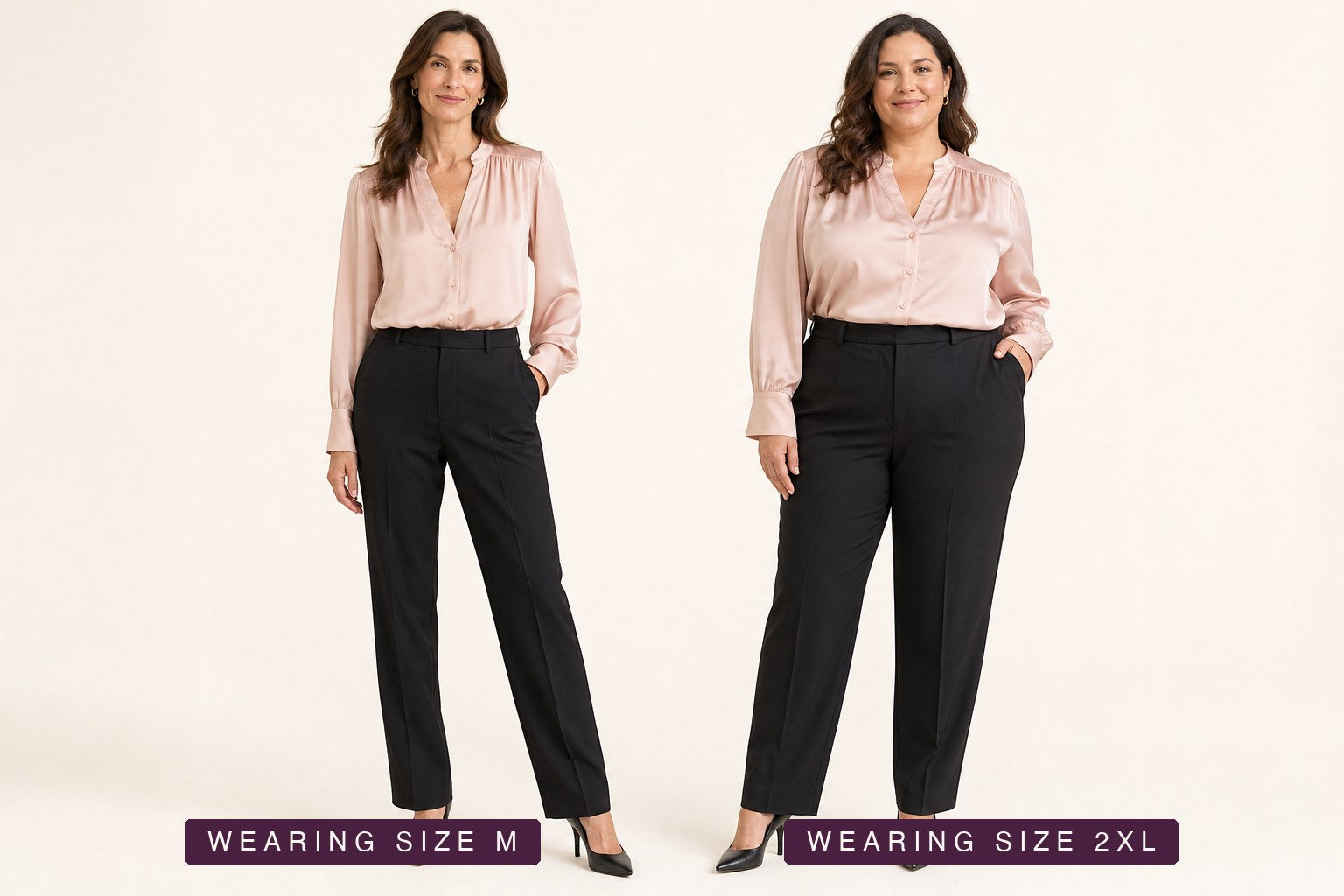 The same piece worn by a size M model (left) and a size 2XL model (right)